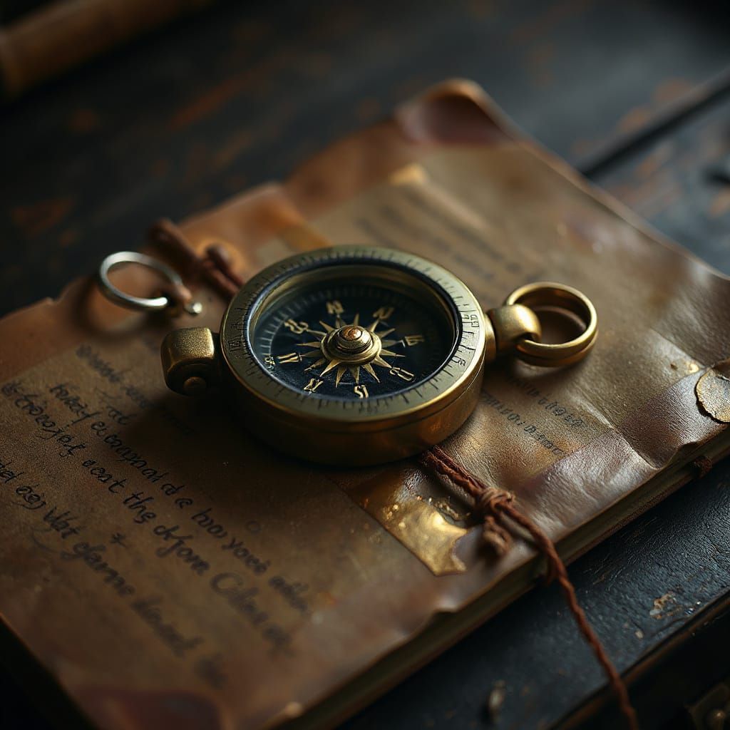 Antique Brass Compass on Weathered Logbook