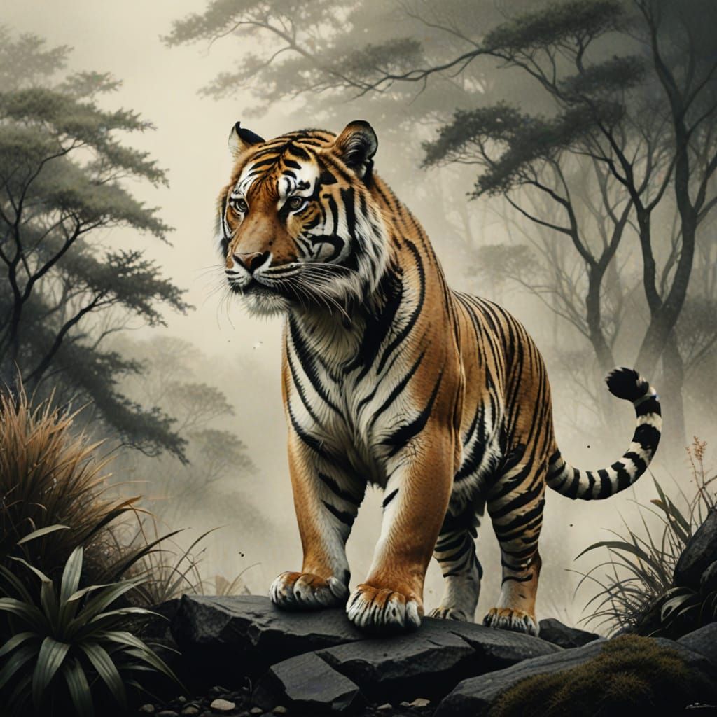 Tiger in the style of Sumi-e Japanese Ink Painting. Subdued ...