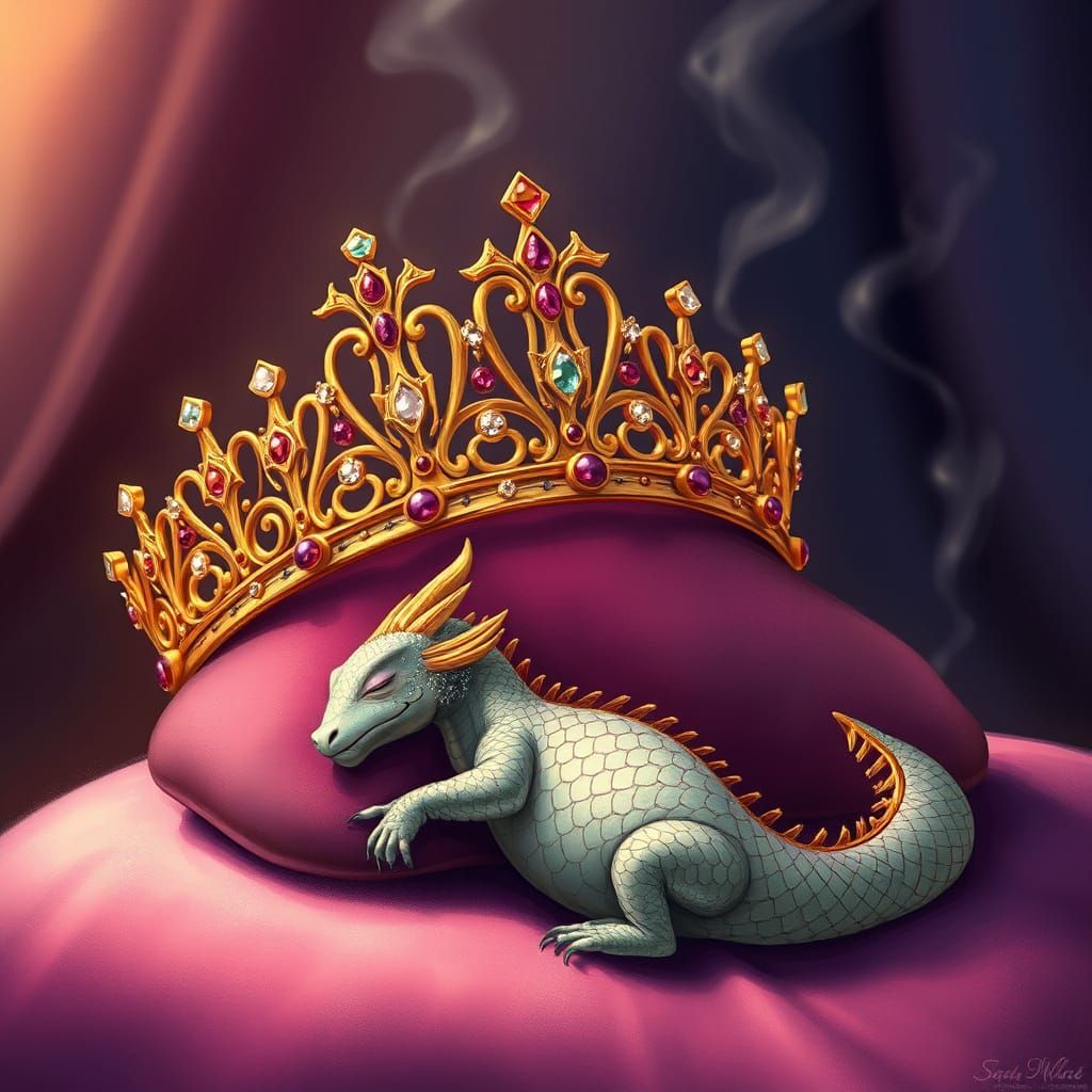 Golden Tiara with Diamonds and Rubies Guarded by Sleeping Dr...