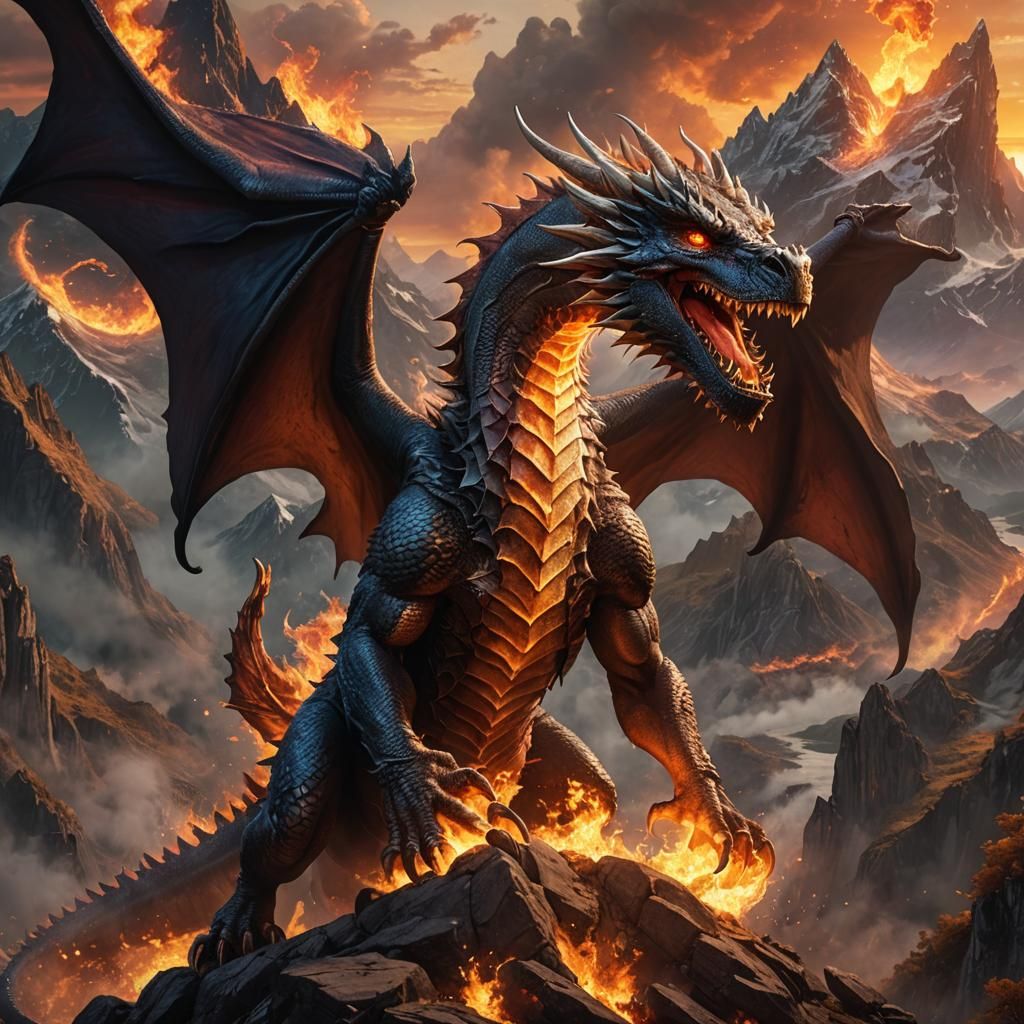 Majestic Fire Dragon Over Mountain Range