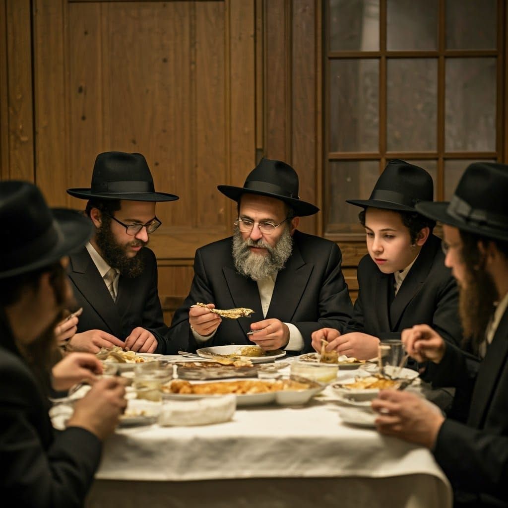 Jewish Men and Teenagers Gather for a Traditional Meal