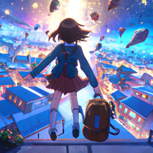 Girl Flying Over Cityscape in Anime Style