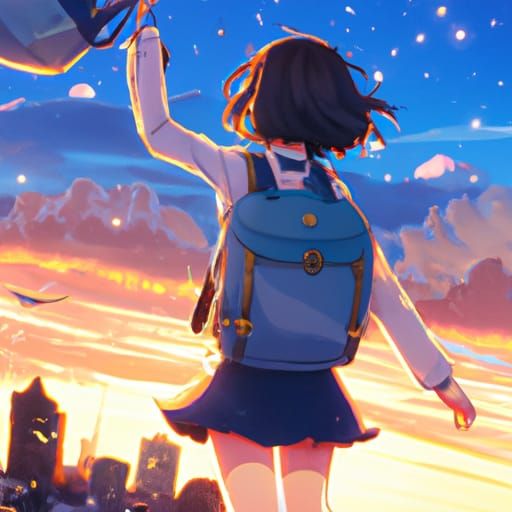 Girl Flies Through Starry Anime Cityscape