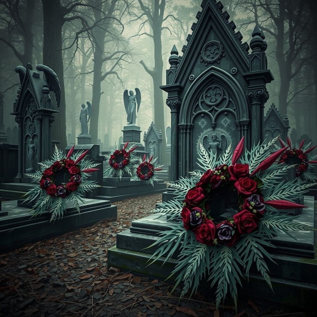 Elegant Gothic Wreaths Adorn Ancient Cemetery