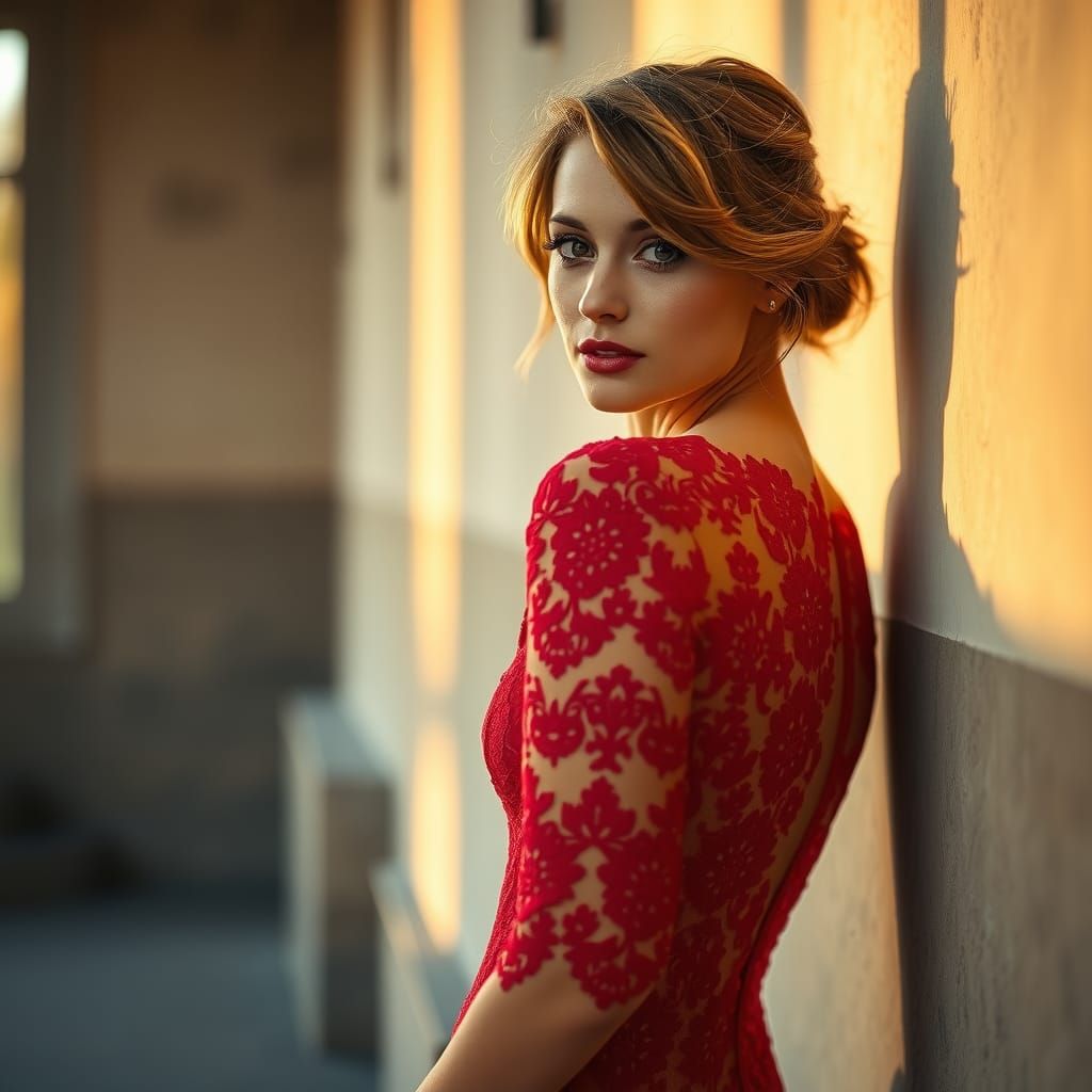 Woman in Red Lace Dress, Fine Art Portrait