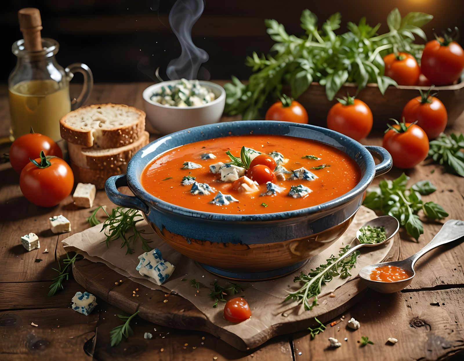 Tomato and Blue Cheese Soup on Wooden Table
