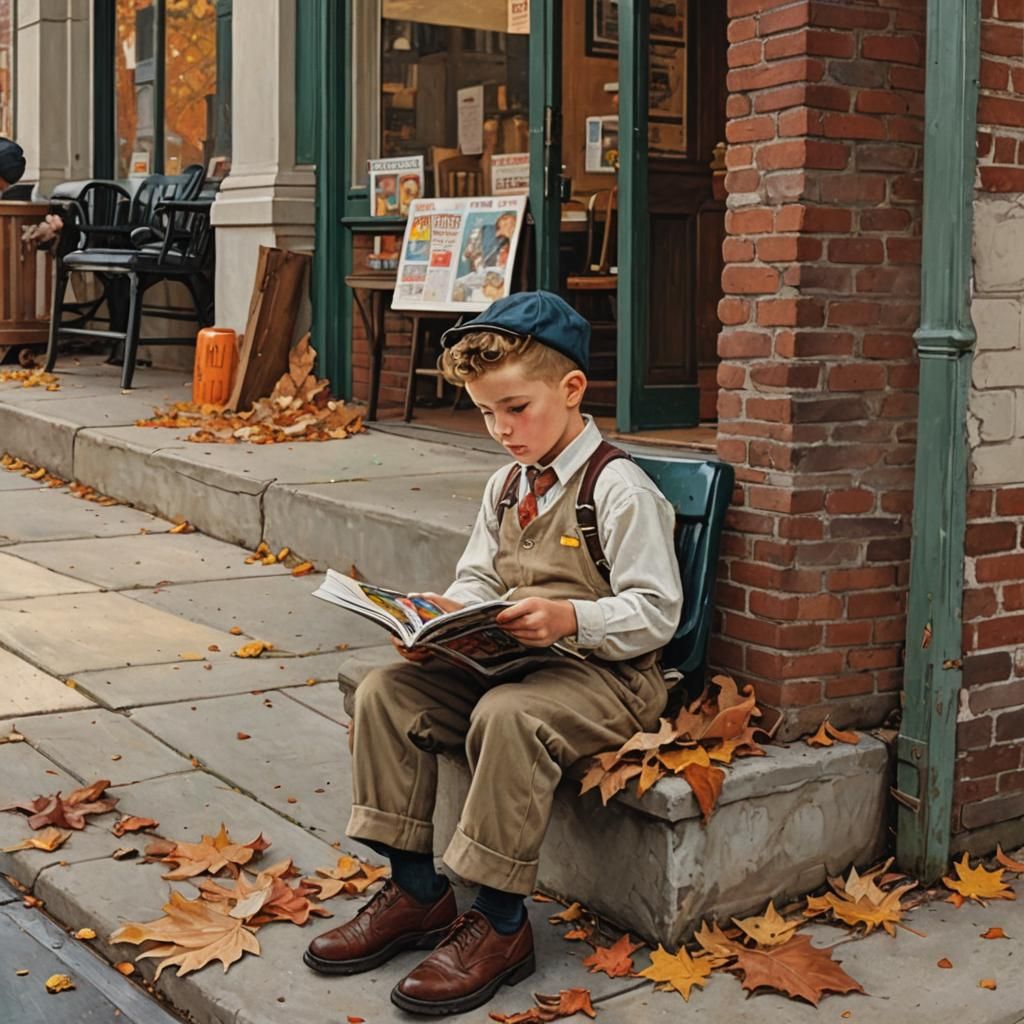 Boy Reading Comic Book in Norman Rockwell Style