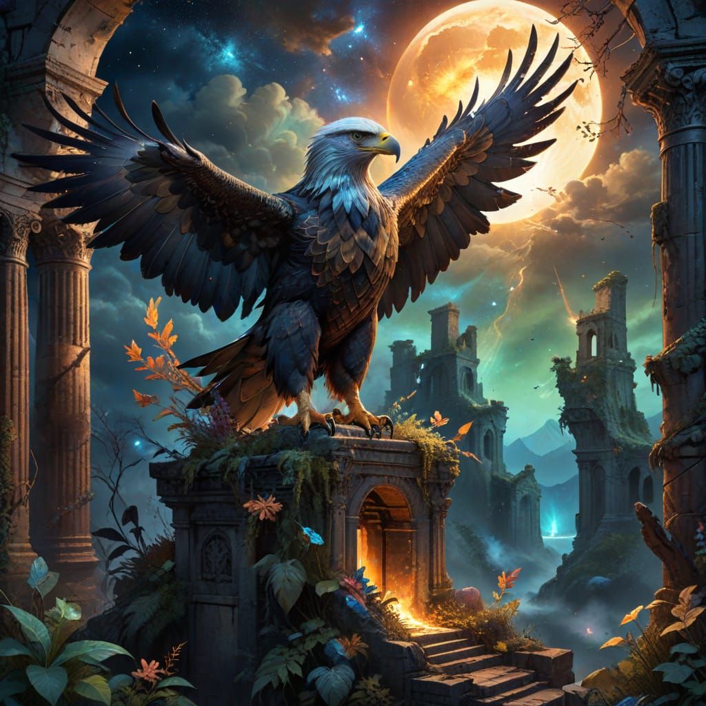 Majestic Golden Eagle on Ancient Ruin Under Twin Moons
