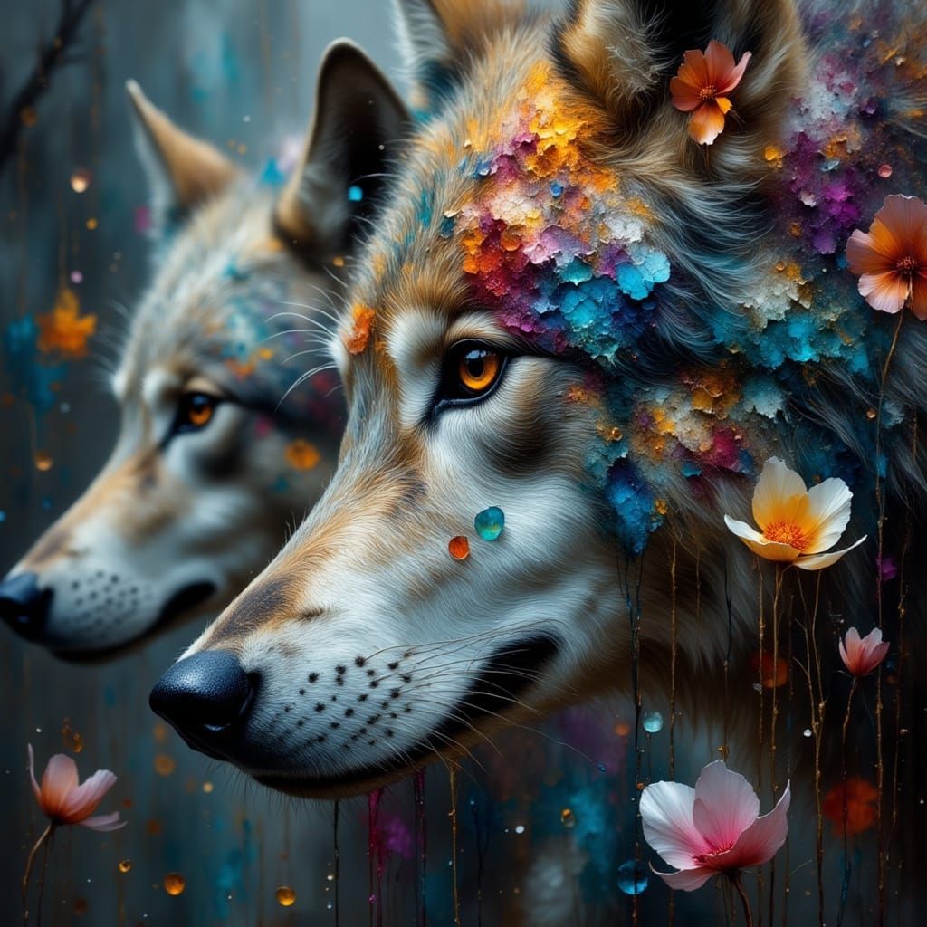 Close-Up Grey Wolf with Mosaic Petals and Splattered Pigment...