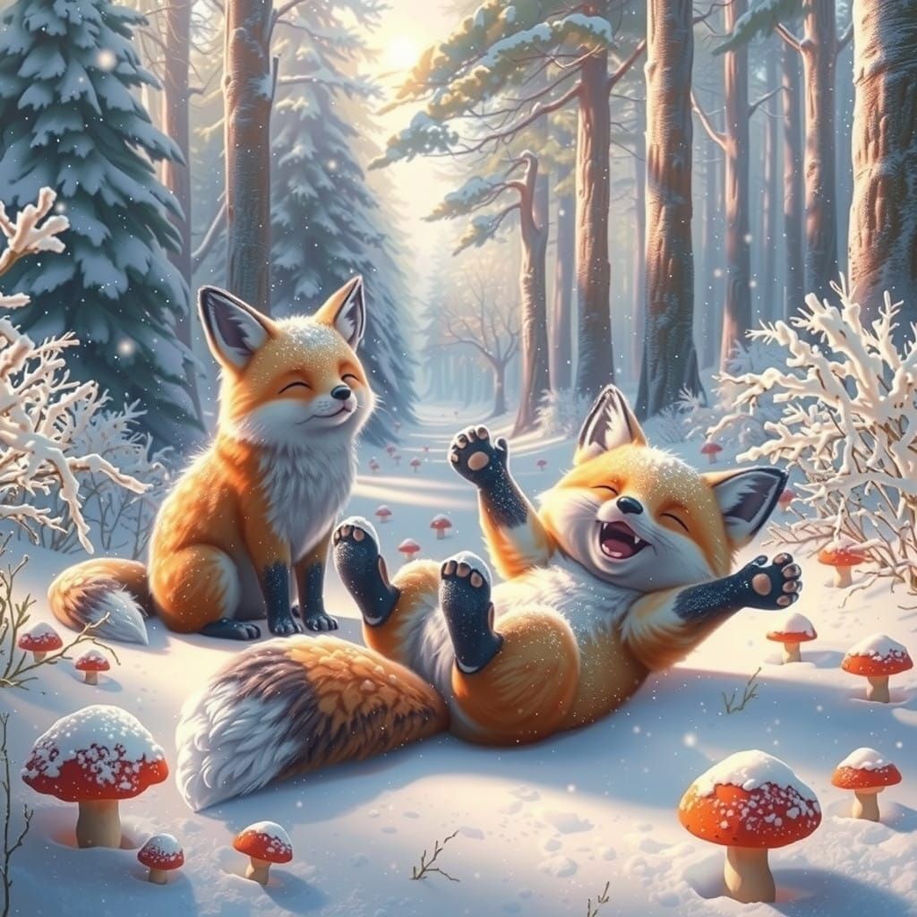 Winter Foxes at Play in a Serene Snowy Forest