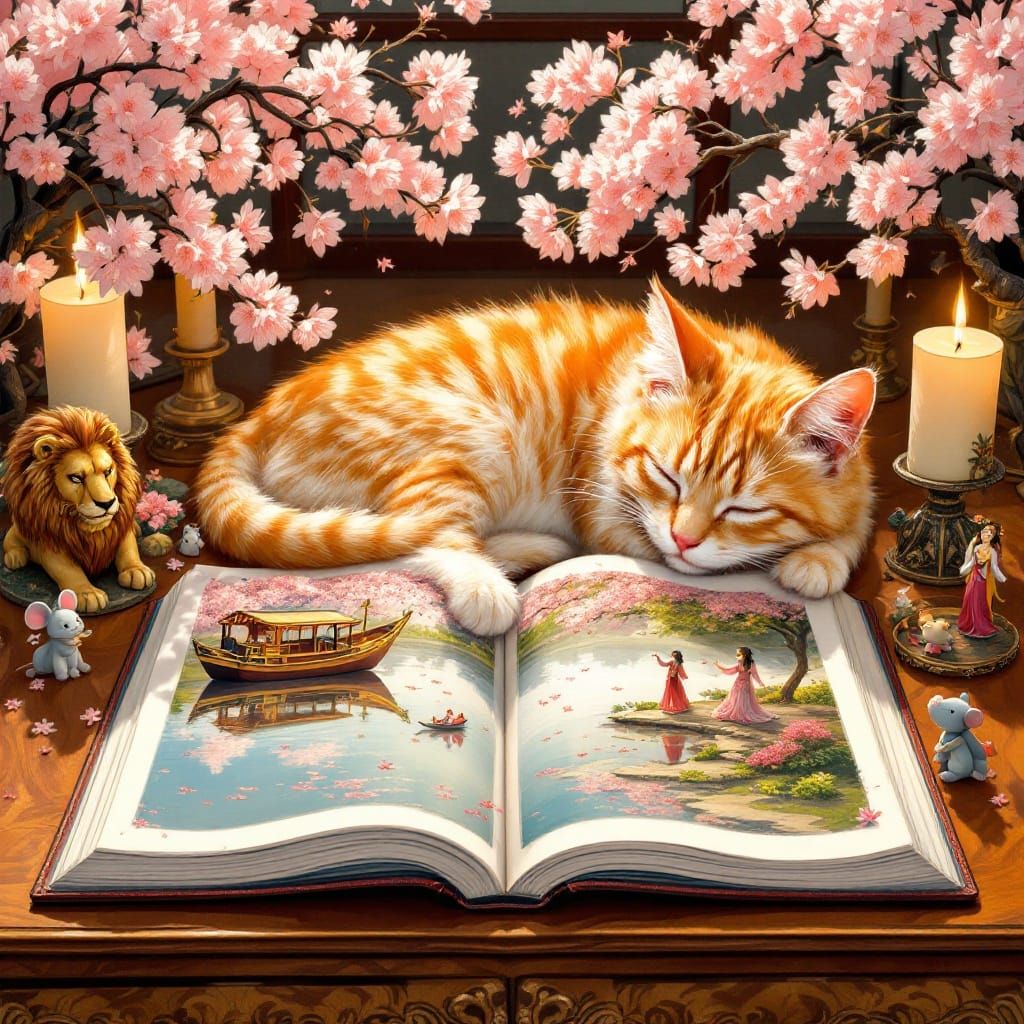Orange Cat's Story Time: Intricate Illustration