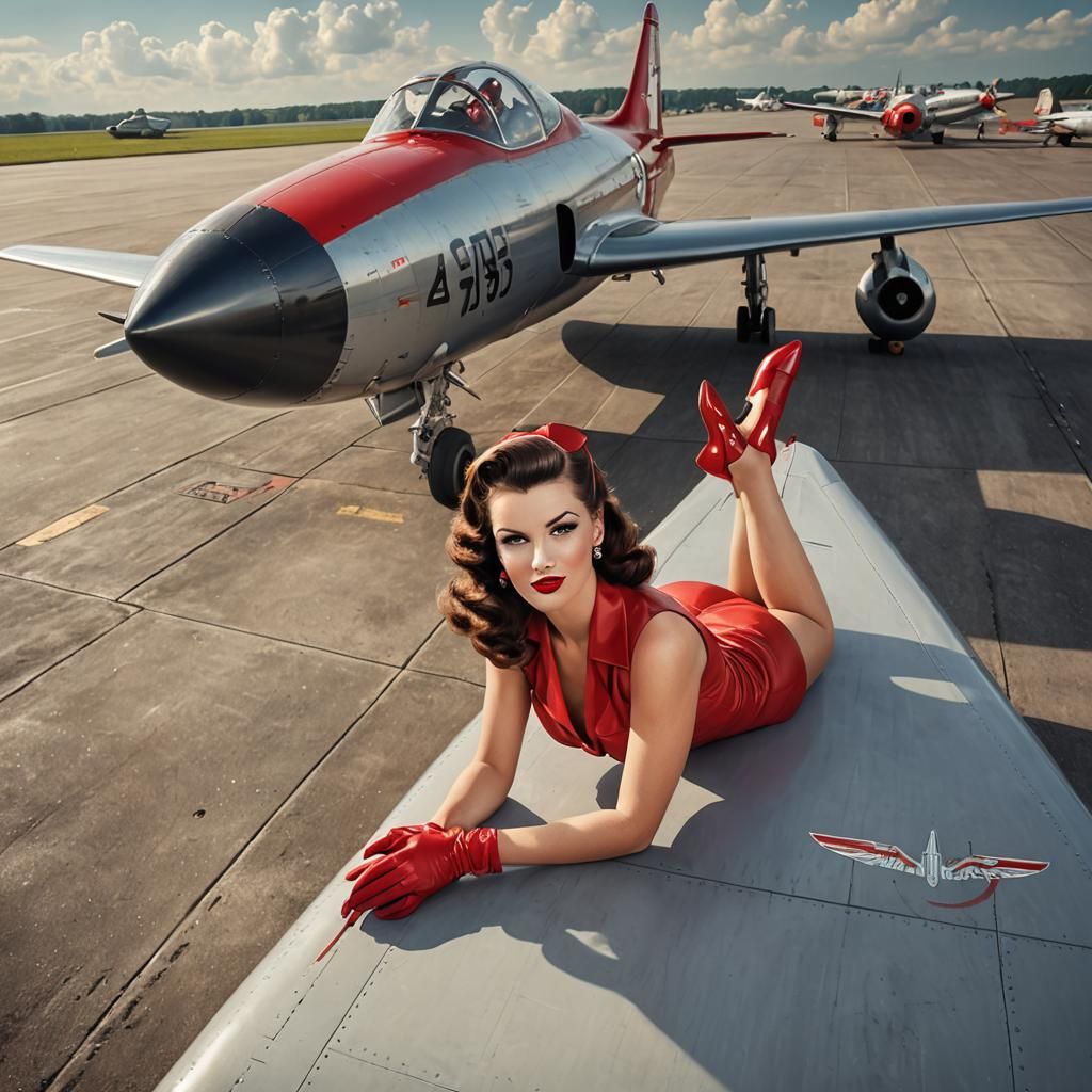Pin-Up Girl Poses with Silver Jet, Digital Art