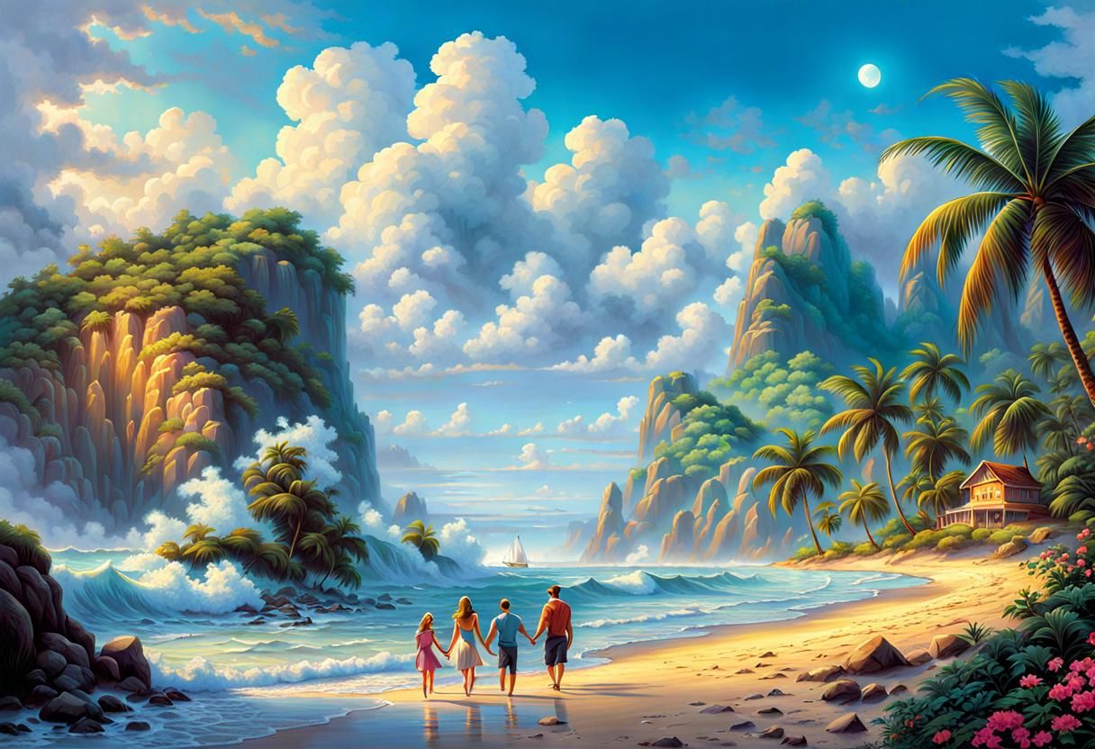 Family on Tropical Beach in Ethereal Fantasy Style