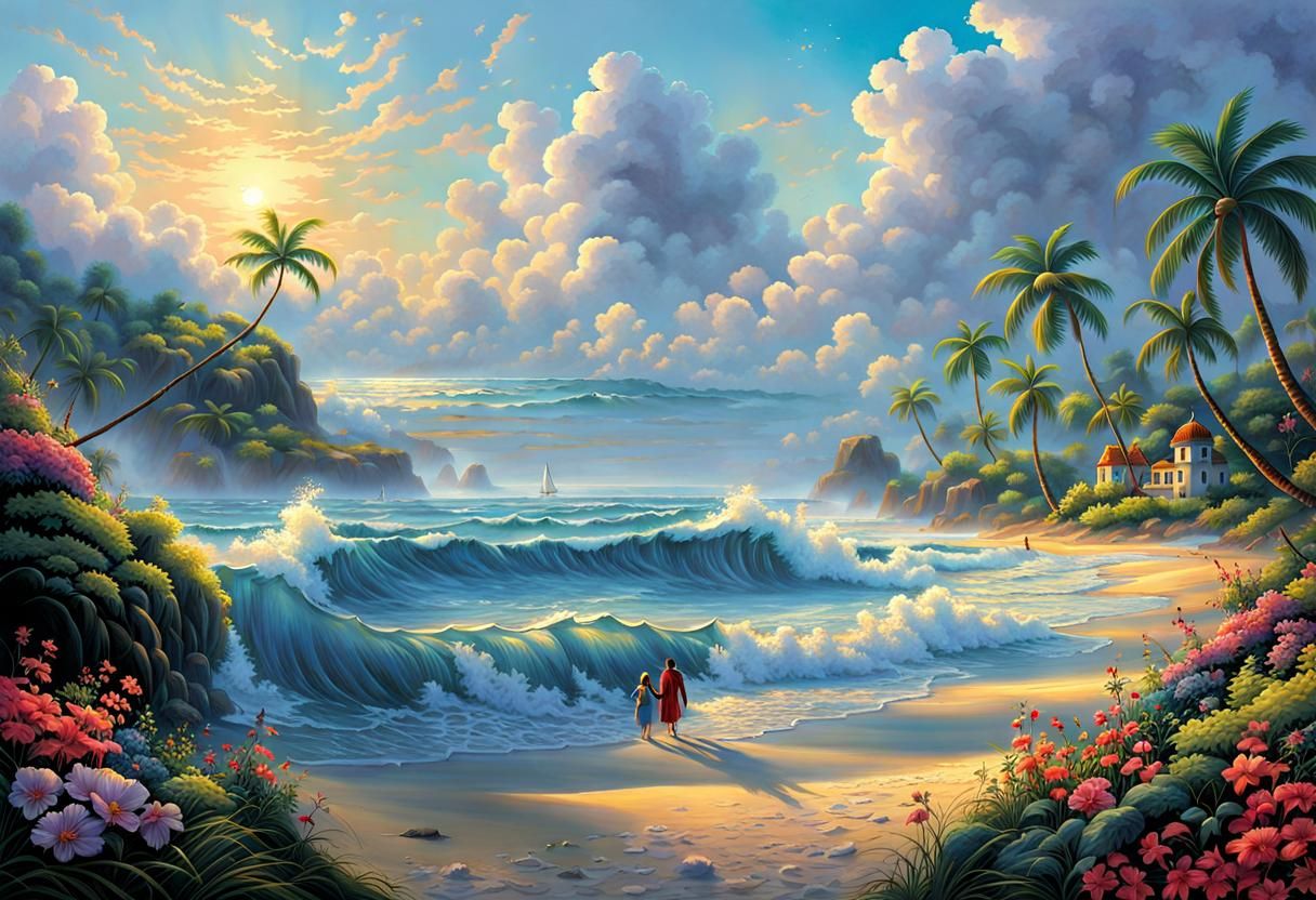 Family on Tropical Beach: Summer Comic Book Art