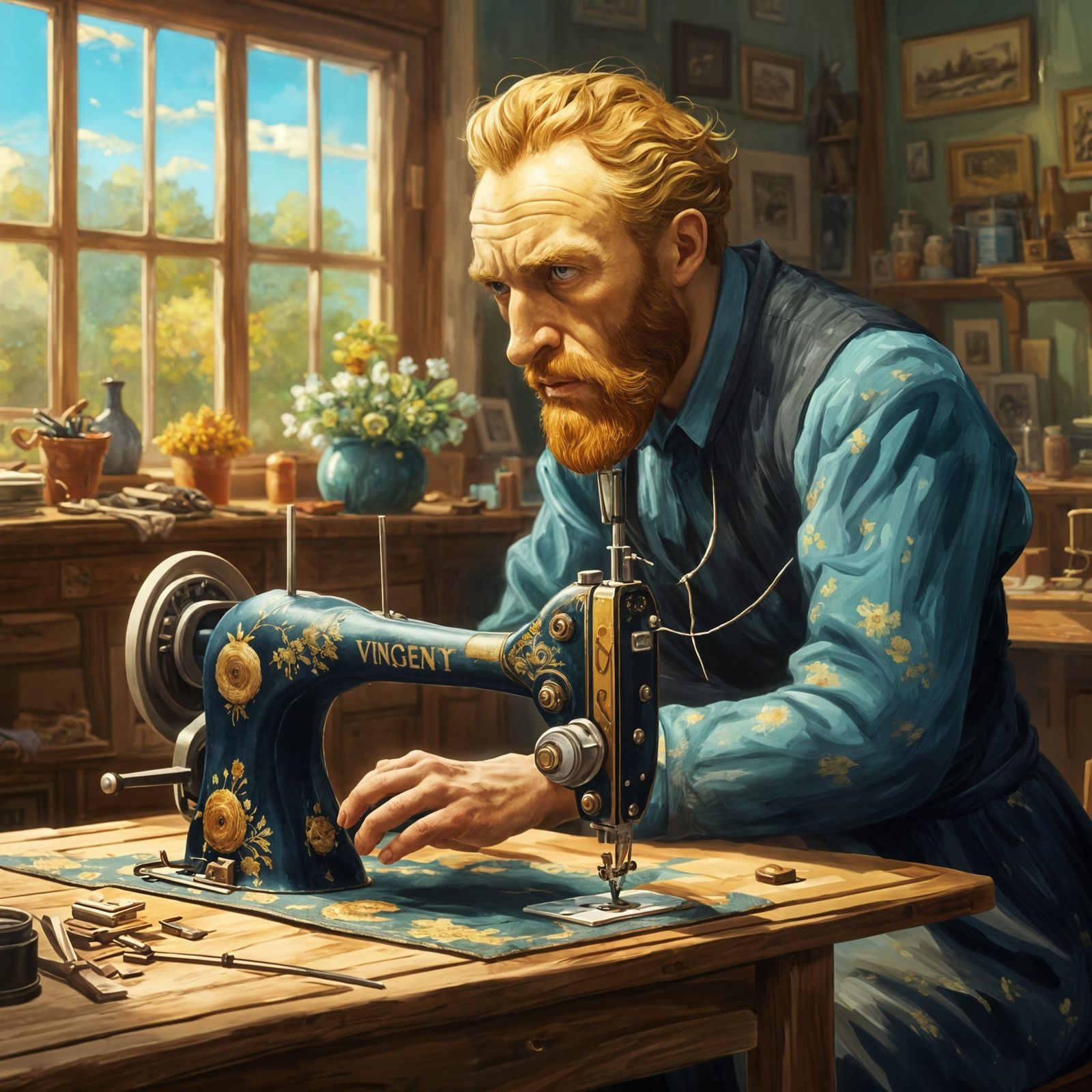 Van Gogh Sewing: Detailed Digital Illustration
