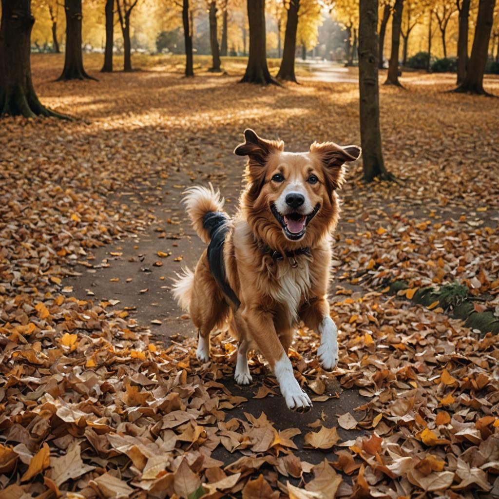 Happy Dog in Autumn Park: Golden Hour Photography