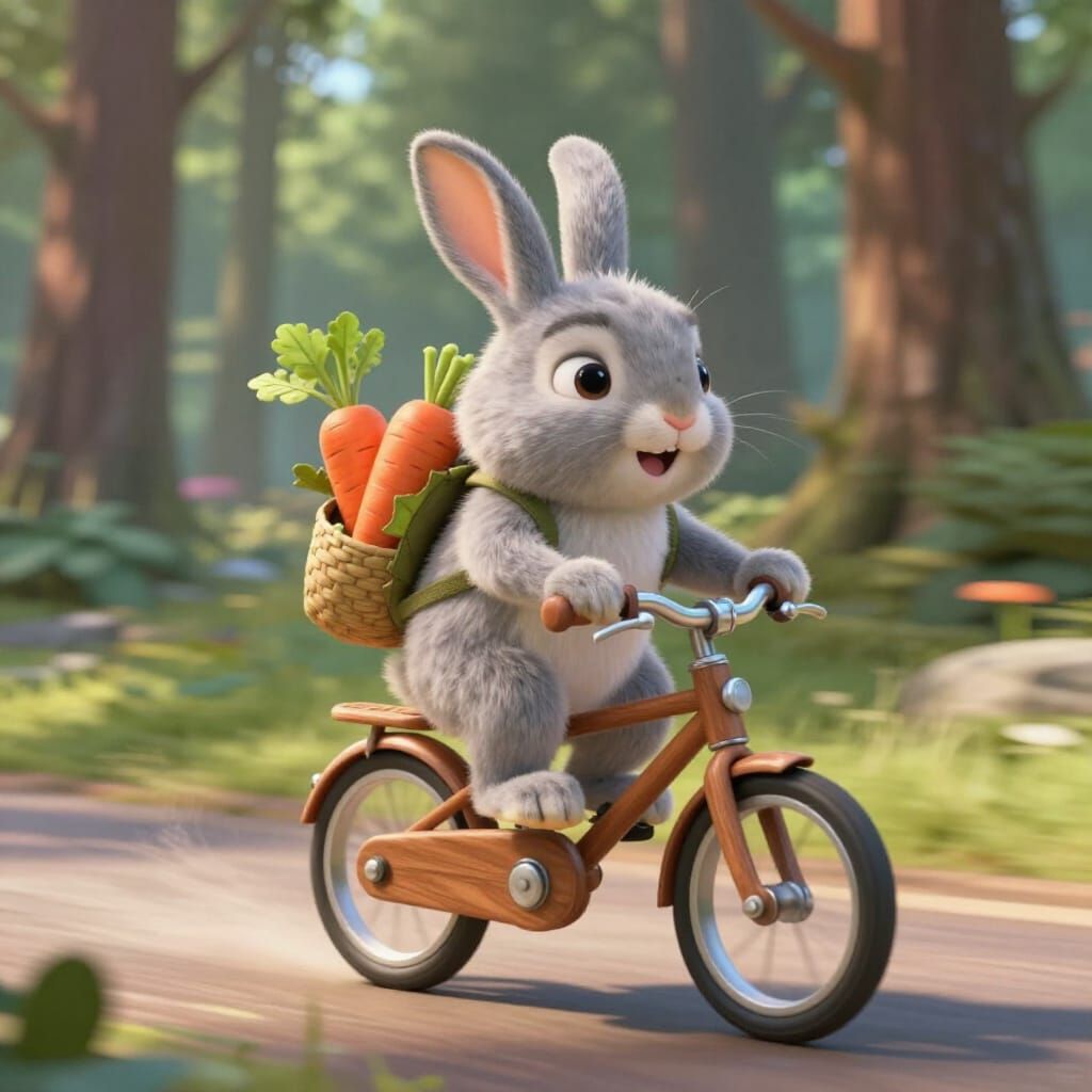 Happy Rabbit Rides Wooden Bicycle Through Forest