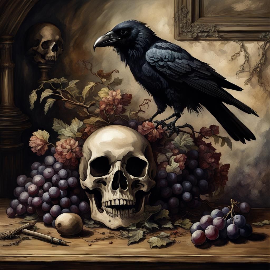 Dark Still Life with Raven and Skull