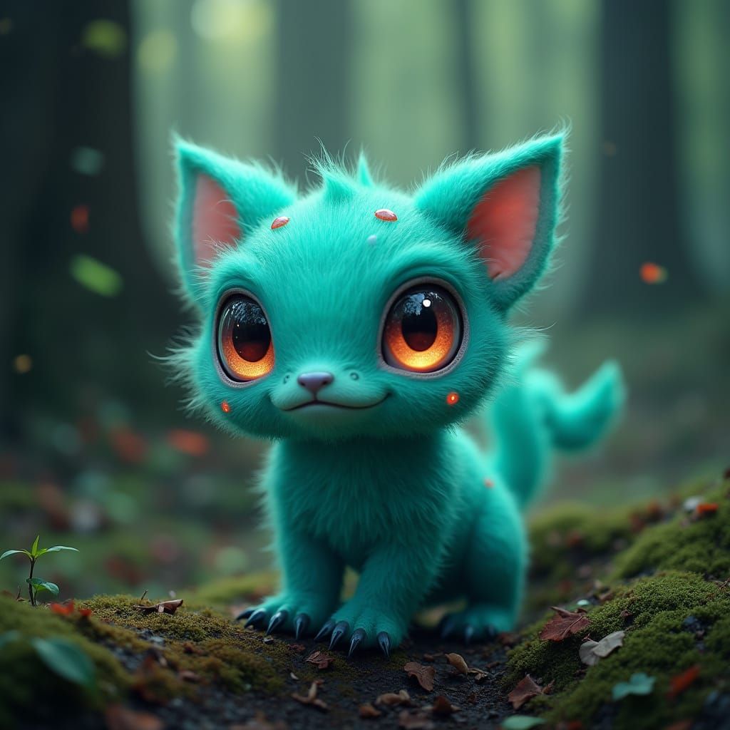 Enchanted Forest Creature in Vibrant Turquoise Hues