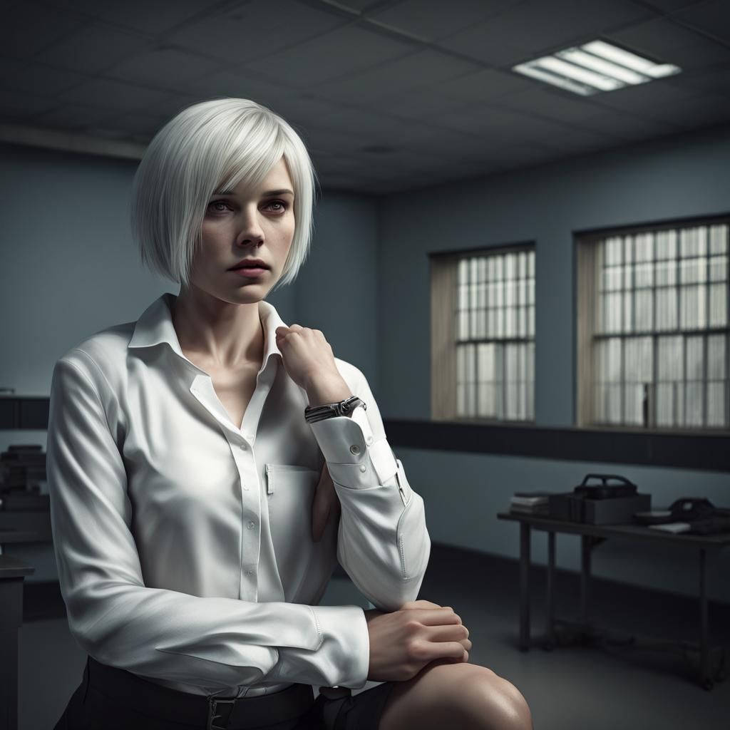 Hyperrealistic Girl Handcuffed in Dimly Lit Room
