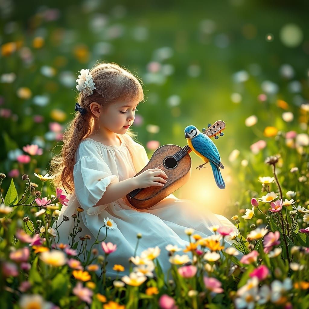 Girl, Fairy, Bird and Bubble in Dreamy Style