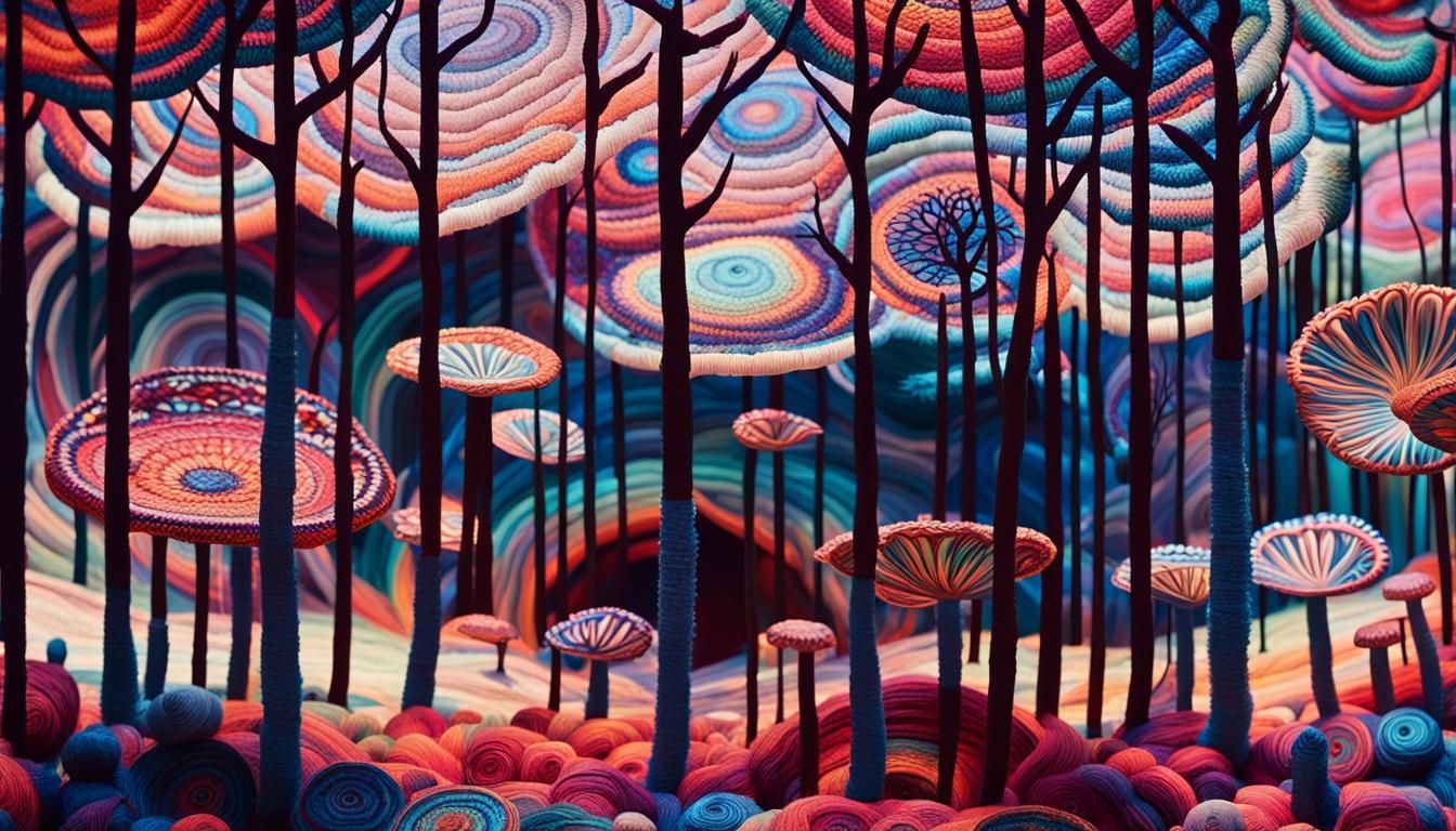 Surreal Forest Scene in Huichol Yarn Art Style