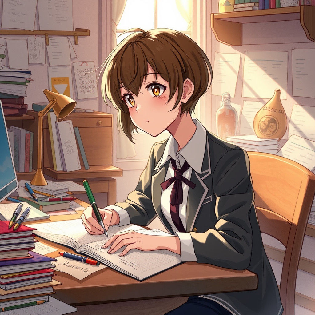 Young Woman Writing in Anime-Inspired Digital Art