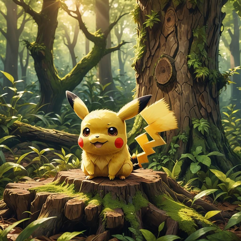 Smiling Pikachu Portrait in Lush Forest: Digital Art