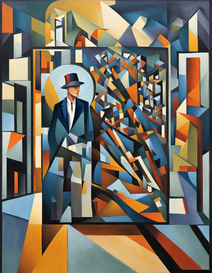 Cubist Man Lost in Geometric Streetscape