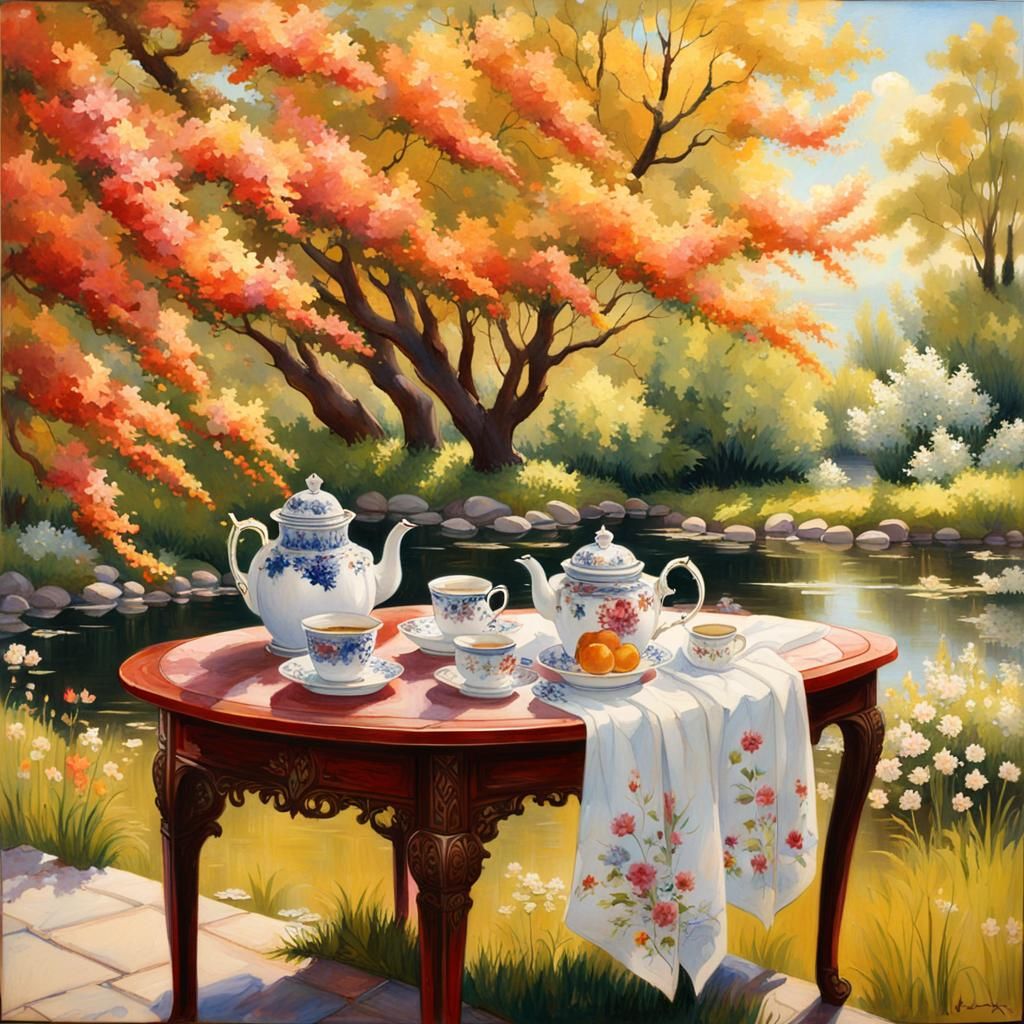 Victorian Garden Tea Party Watercolor Painting