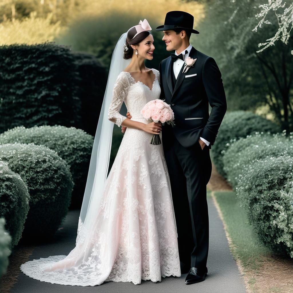 Elegant Vintage Wedding Portrait of Romantic Couple