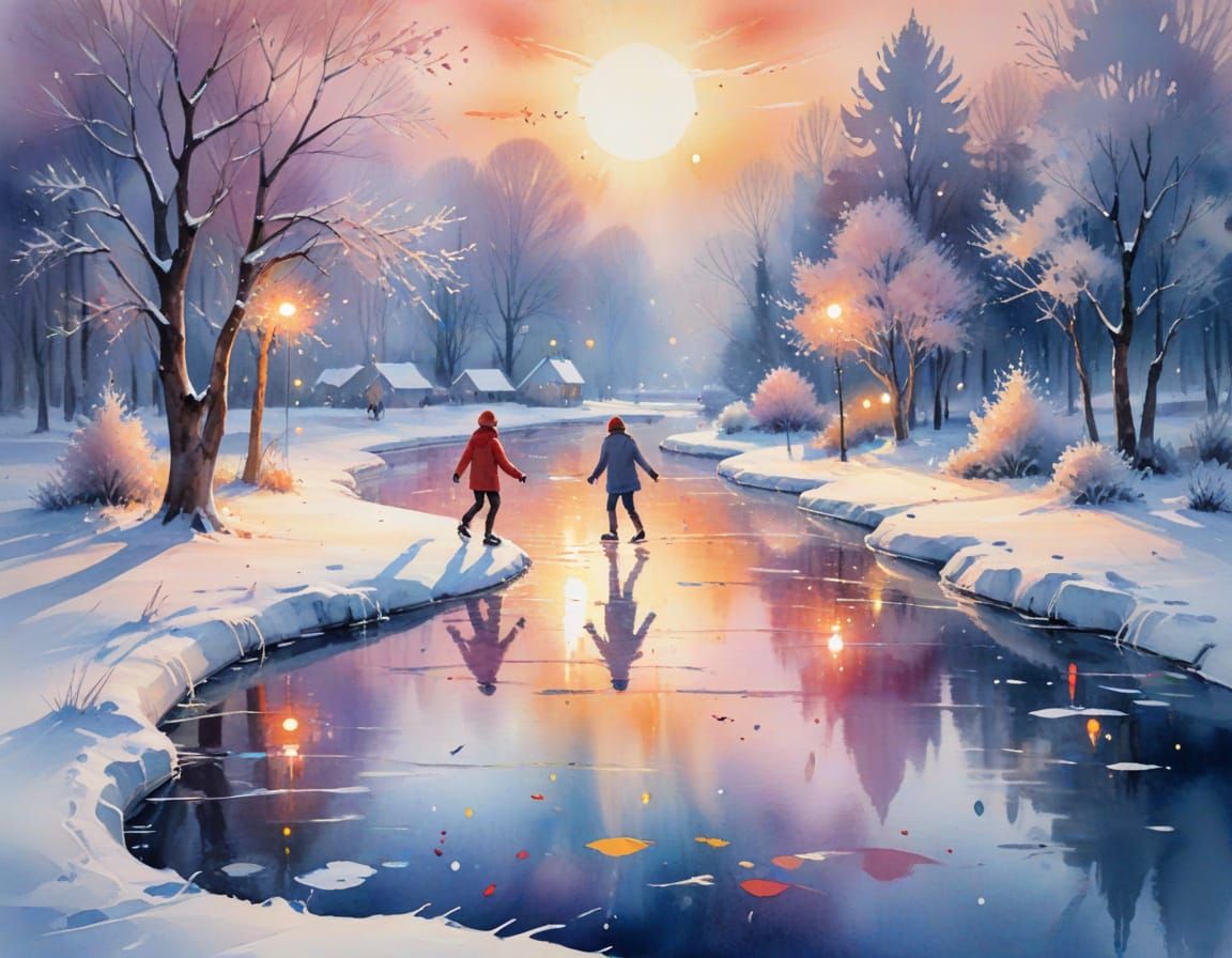 Friends Ice Skating in Winter Watercolour Scene
