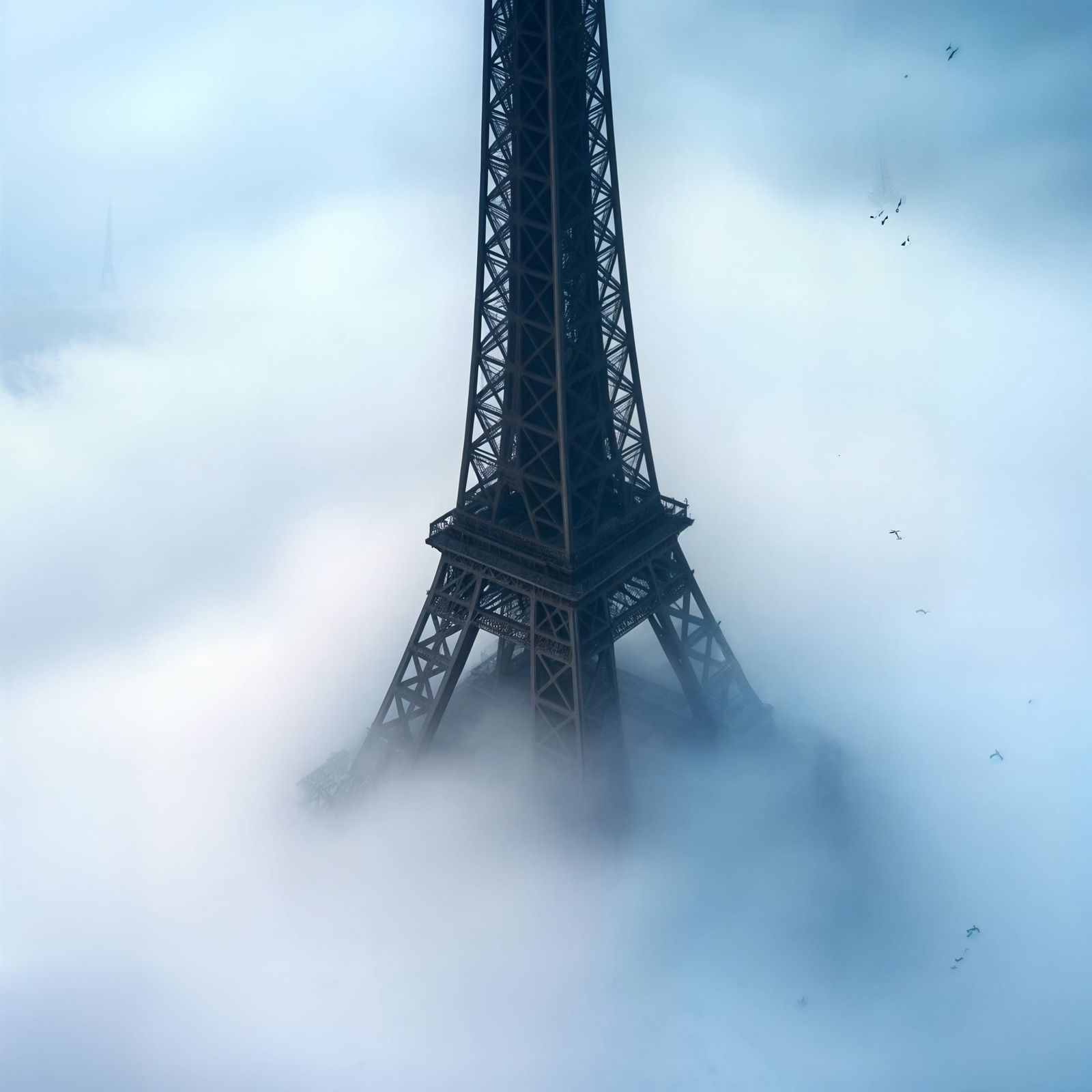 Eiffel Tower Emerges from Heavy Mist