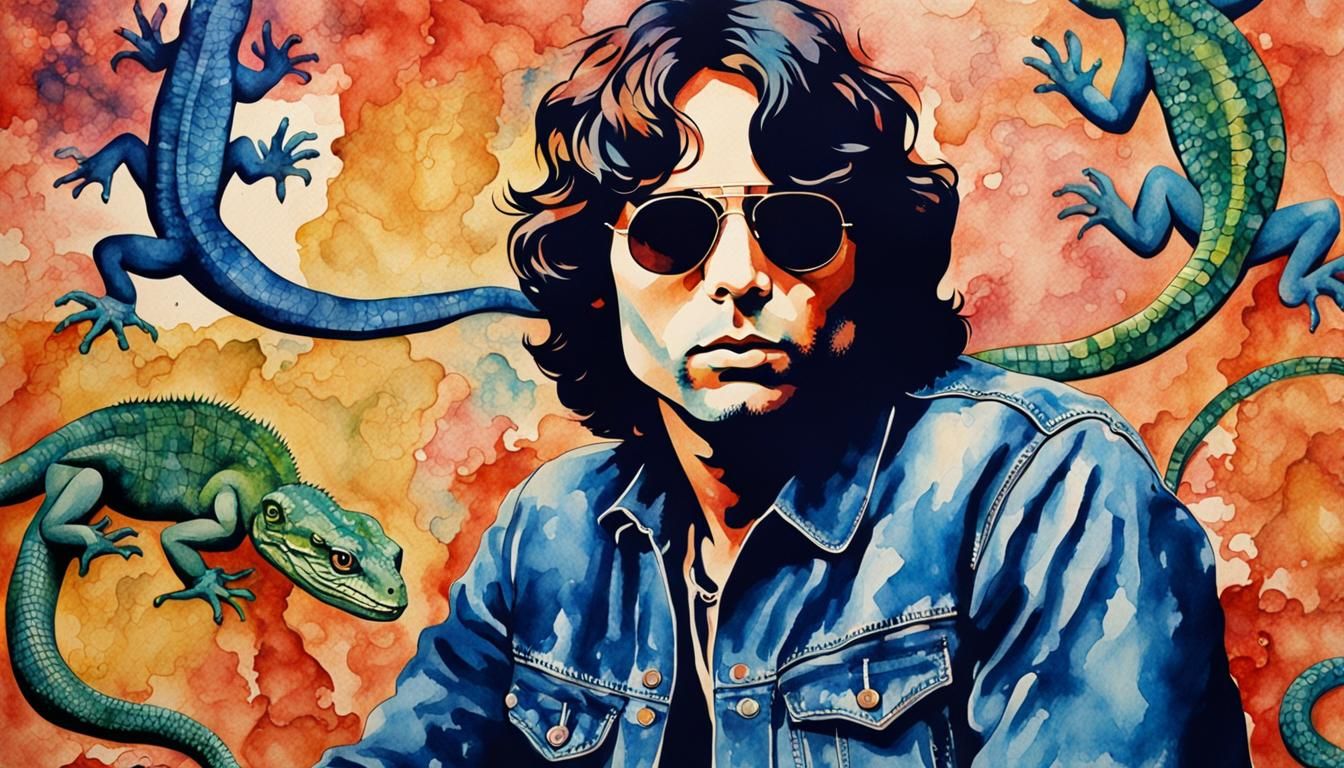 Jim Morrison Pop Art Watercolor Portrait with Lizard Mural