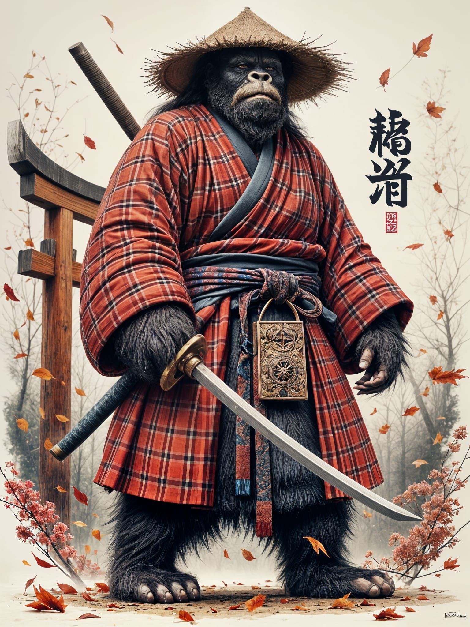 Superhyperrealistic Ronin Sasquatch in Gingham Kimono