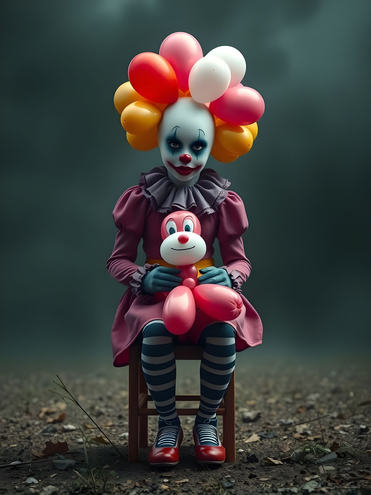 Sad Clown with Balloon Dog in Dark Setting