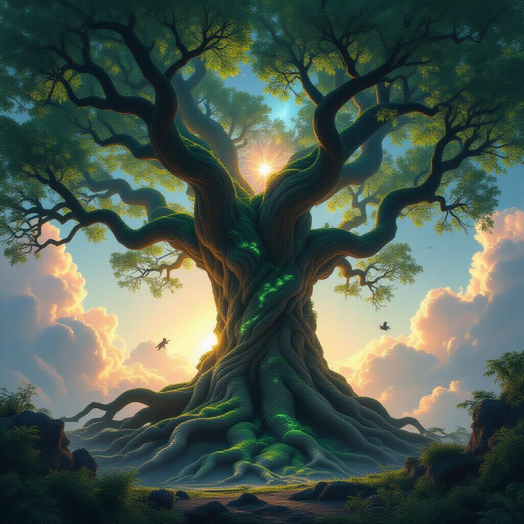 Ancient Tree Under Swirling Nebula Sky