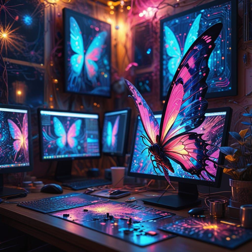 Fairies Managing AI in Zen Garden Office: Digital Art