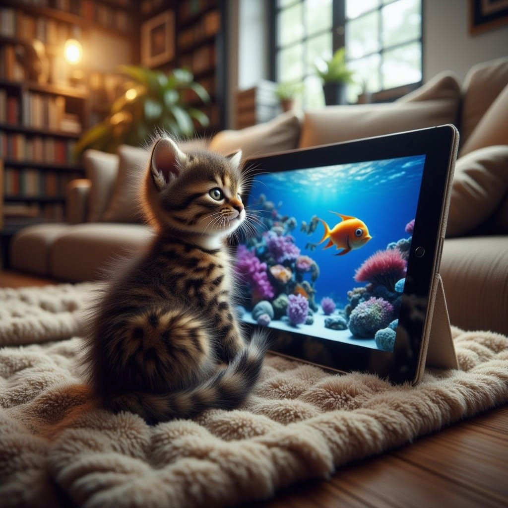 Kitten Watches Fish Show on Tablet in Living Room