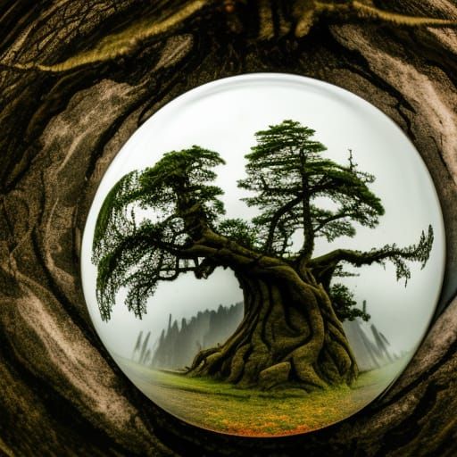 Ancient Tree in Glass Sphere on Mountain