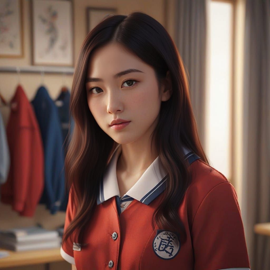 Beautiful Japanese Girl in Red School Uniform