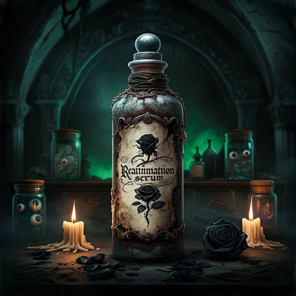 Ethereal Horror of Reanimation Serum in a Cracked Glass Vial