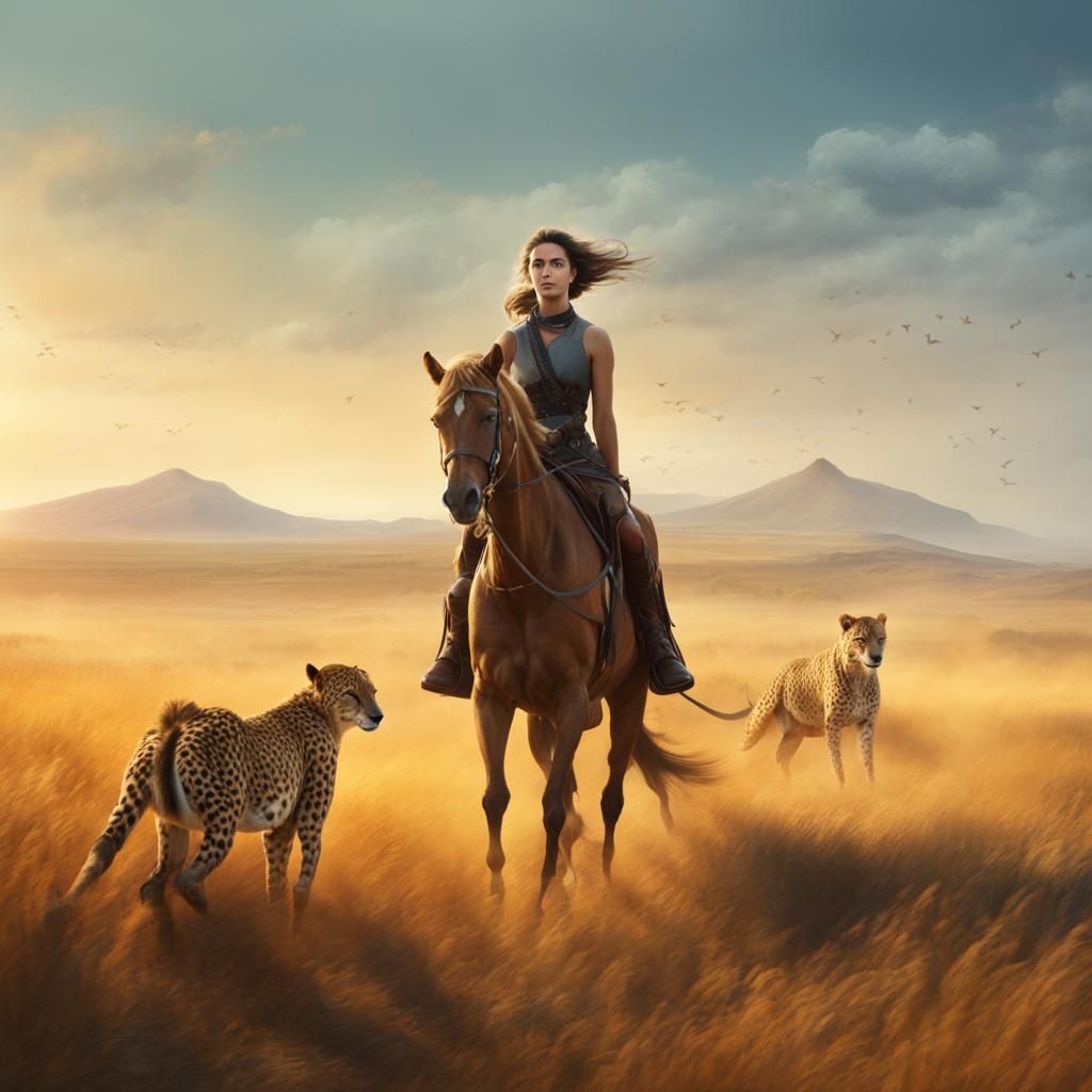 Woman on Horse Facing Cheetahs: Detailed Matte Painting