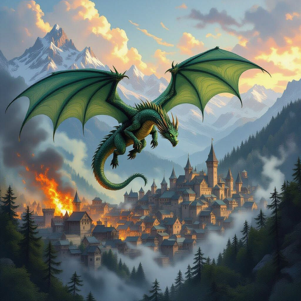 Jade Dragon Over Medieval Town in Fantasy Concept Art Style