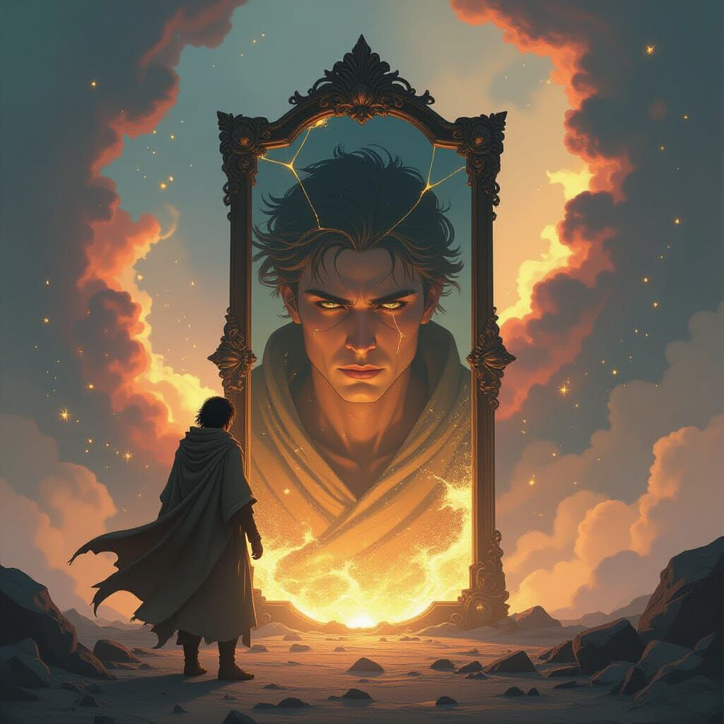 Figure Before Shattered Mirror in Digital Art Style