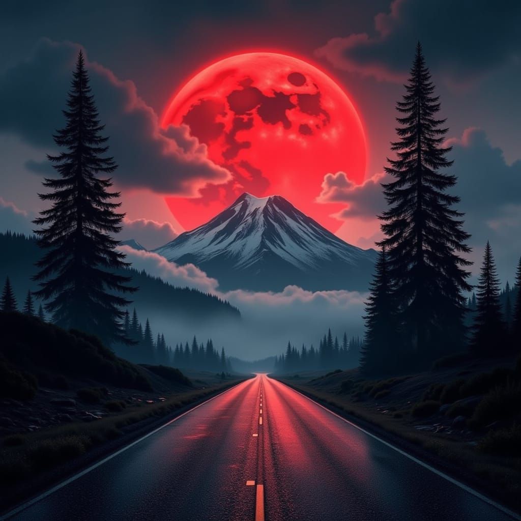 Moody PNW Landscape with Blood Moon and Ancient Trees