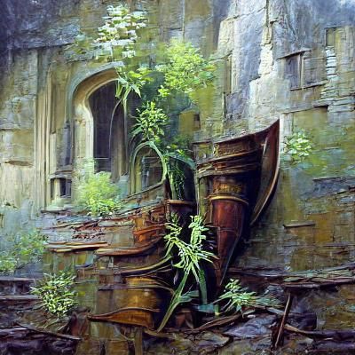 Ancient Castle Overgrown with Plants as Oil Painting