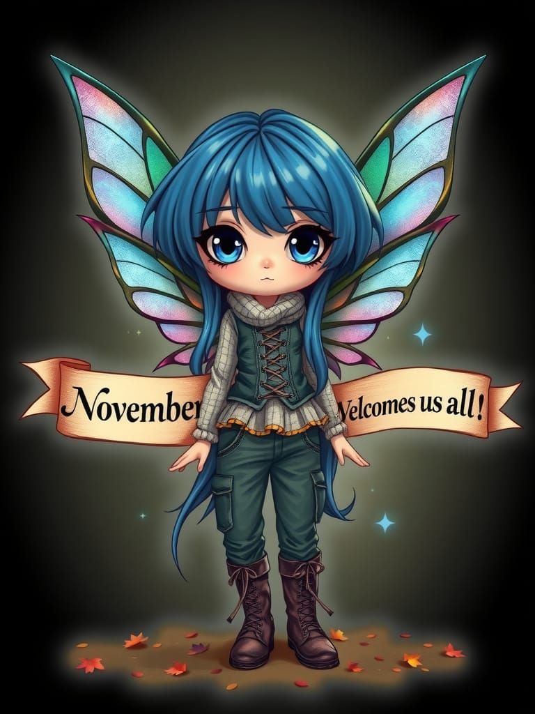 Chibi Fairy in Gothic Hippie Style with Blue Hair