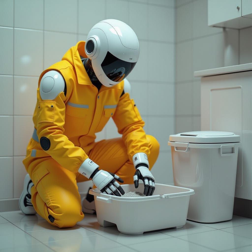Humanoid Robot Cleaning Cat Litter Box: Syd Mead Style