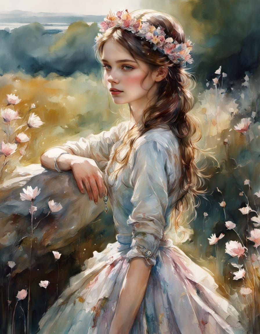 Regal Princess in Vibrant Wildflowers Watercolor